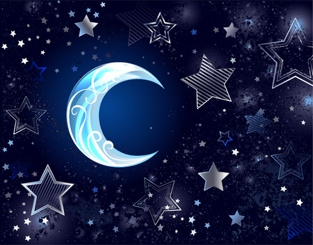 dark night background with blue patterned silver moon and starsのイラスト素材