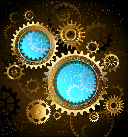 two round mechanical banner blue glass with brass and gold gears  のイラスト素材