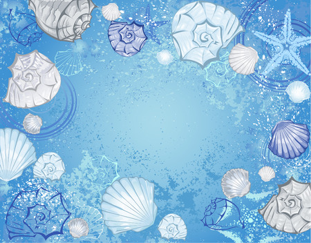 blue sea background with blue and beige seashells and starfish のイラスト素材