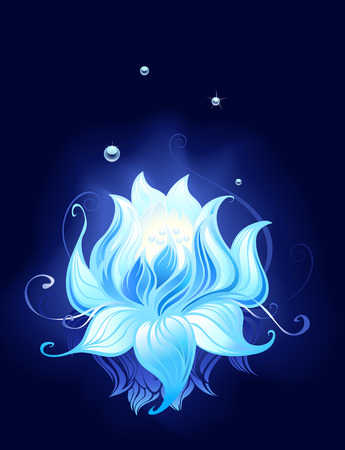 blue lotus with dew drops reflected in the dark water        のイラスト素材