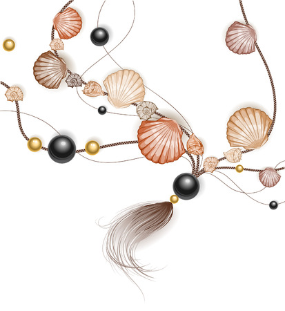 necklace made of sea shells, brown and beige, with black and yellow beads のイラスト素材