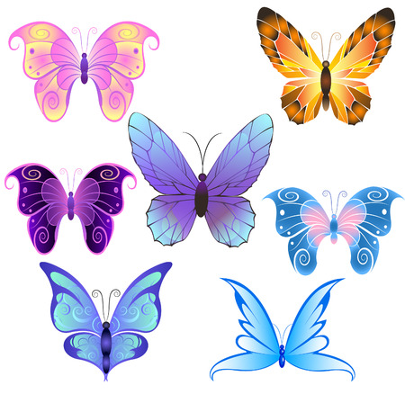 seven colorful stylized butterflies on a white background.
のイラスト素材