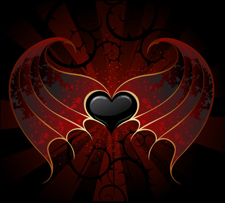 gothic black heart of a vampire with skin, membranous wings, the dark luminous background.
のイラスト素材