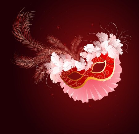 red luxurious mask with a veil and white and red fluffy feathers on a dark red background
のイラスト素材