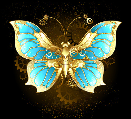 mechanical butterfly brass and gold with wings decorated with blue glass and gearsのイラスト素材