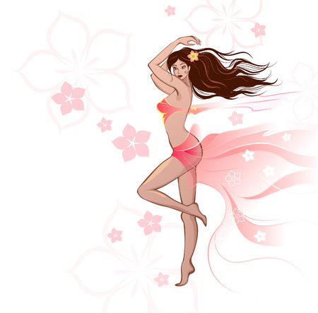 beautiful stylized young woman with long dark hair dressed in a skirt and top made of transparent pink fabricのイラスト素材