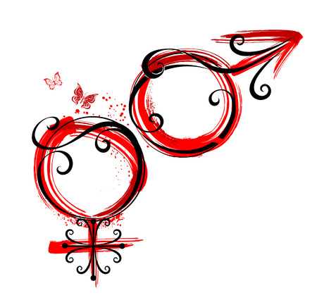 artistically painted symbols of Venus and Mars, with a drop of red paint on a white background.のイラスト素材