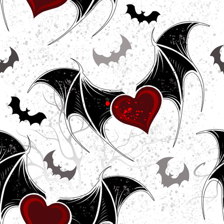 Seamless with winged hearts on the gray grunge background. のイラスト素材