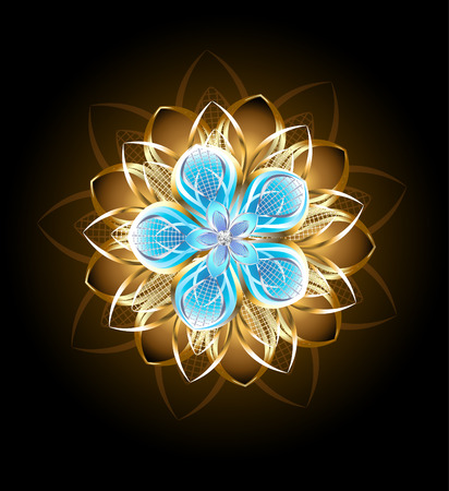 abstract turquoise flower decorated with golden petals on a black backgroundのイラスト素材