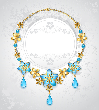 necklace of blue and gold flowers on a light background.のイラスト素材