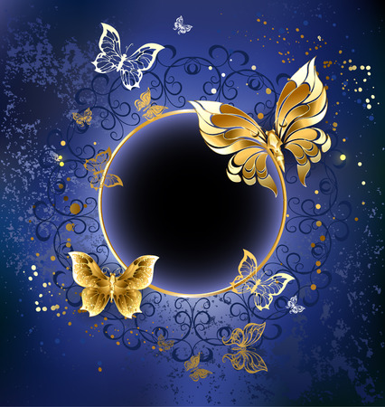gold butterfly with gold round banner on blue textural background.のイラスト素材