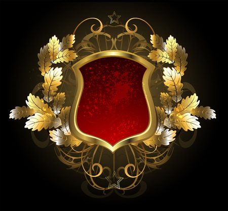 red, gold shield with a golden oak branch on a black background.のイラスト素材