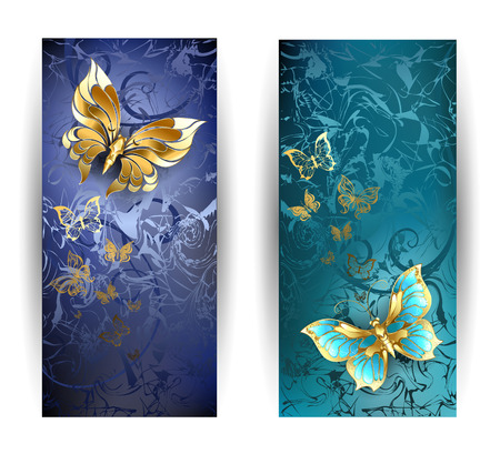 two vertical rectangular banner with gold butterflies on a blue background.のイラスト素材