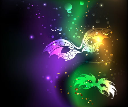 glowing purple, green, yellow background with masks and beads.のイラスト素材