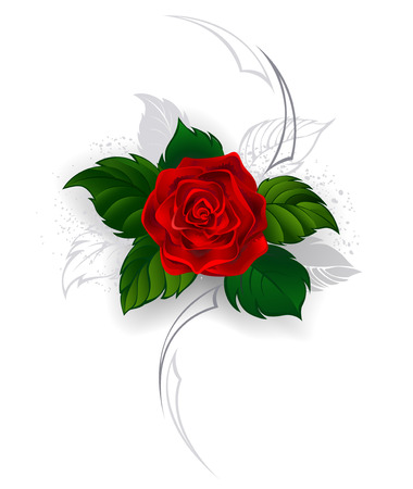 artistically painted, blooming red rose with gray leaves in the style of a tattoo on a white background.のイラスト素材