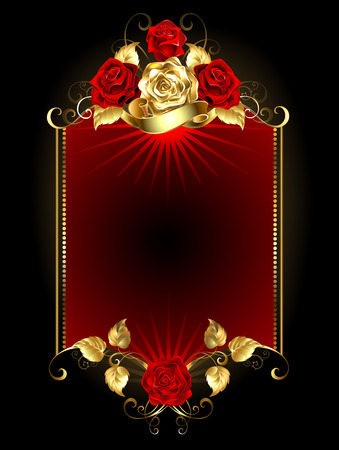 red banner with gold and red roses on a dark background.のイラスト素材
