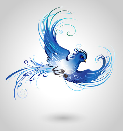 artistically painted, flying blue bird on a light background.のイラスト素材