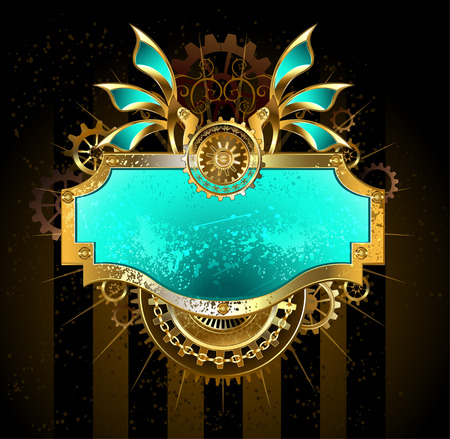 Rectangular banner with gears and green scratch the glass, decorated with mechanical wings on a dark brown background.のイラスト素材