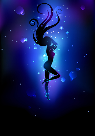 black silhouette of a dancing girl on a dark background of space.のイラスト素材