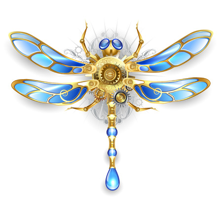 mechanical dragonfly wings with blue glass and bronze gears on a white backgroundのイラスト素材