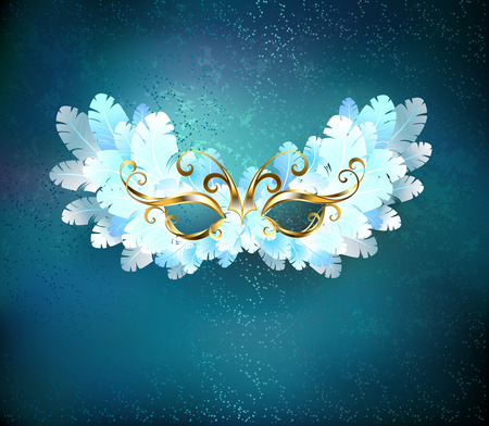 Mask of white feathers, decorated with a gold pattern on a blue textural background.のイラスト素材