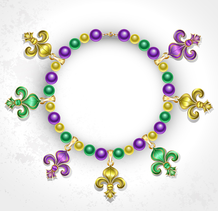 necklace of purple, green, yellow beads, decorated with  Fleur de Lisのイラスト素材