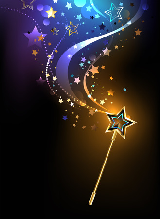 magical golden wand with golden stars on a black background.のイラスト素材