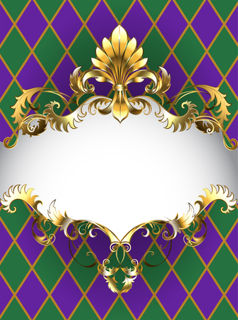 Festive Mardi Gras banner decorated with a gold frame and gold Fleur de Lis on a background of green and purple rhombusのイラスト素材