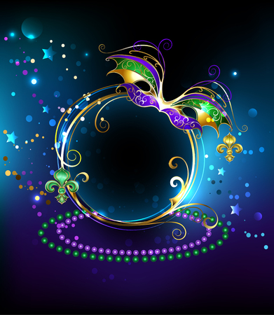 round banner decorated with a gold mask on a black glowing background.のイラスト素材