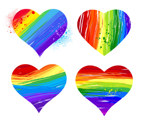 Set of hearts painted rainbow paint on the white background.のイラスト素材