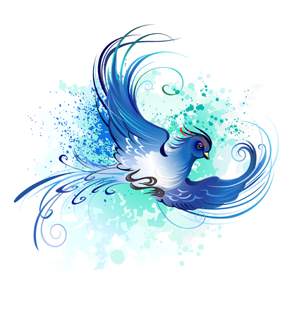 artistically painted, flying blue bird on a light background.のイラスト素材