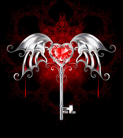 jewelry silver key with a ruby heart, vampire, and silver wings on a dark patterned background. Gothick style.のイラスト素材