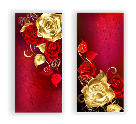 two banners with gold and red roses on red textural background. Design with roses. Gold rose.のイラスト素材