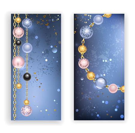 Two Banners With Black Pink Blue Beads And Gold Chains On A Blue