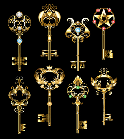 Set of gold, jewelry keys, decorated with round gems on black background. Jewelry gold keys.のイラスト素材