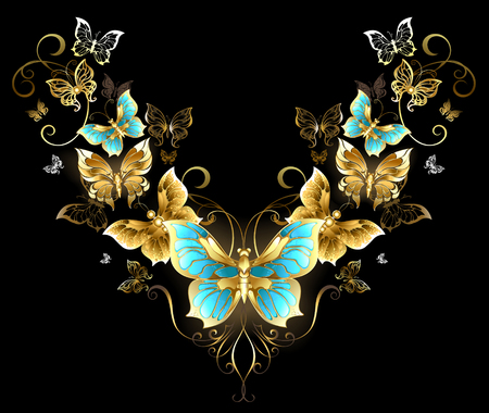 Symmetrical pattern of gold jewelry butterflies on a black background. Golden Butterfly. Design with butterflies.のイラスト素材