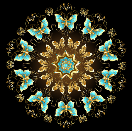 Mandala of gold and turquoise butterflies on a black background. Design with butterflies. Golden Butterfly. Gold mandalaのイラスト素材
