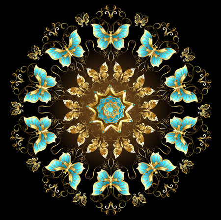 Mandala of gold and turquoise butterflies on a black background. Design with butterflies. Golden Butterfly. Gold mandalaの素材 [FY31065044963]