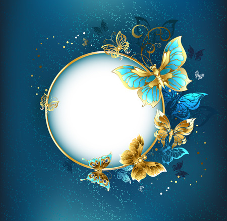 Round banner with a gold frame decorated with gold jewelry butterflies. Design with butterflies. Golden Butterfly.のイラスト素材