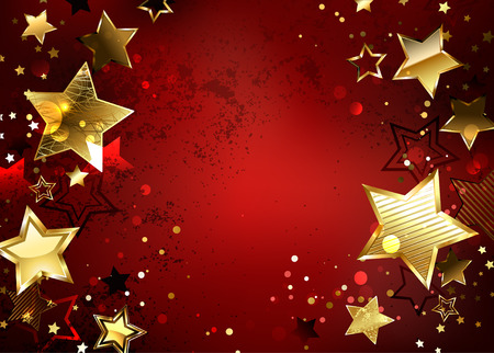 Red textured background with sparkling golden stars. Design with gold stars.のイラスト素材