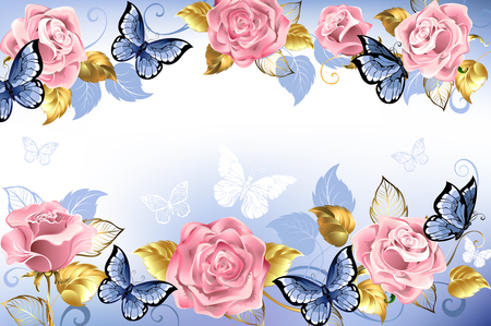 Pink roses with blue butterflies with golden leaves on a light blue background.  Design with roses. Pink rose. Trendy colors. Rose Quartz and serenity.のイラスト素材