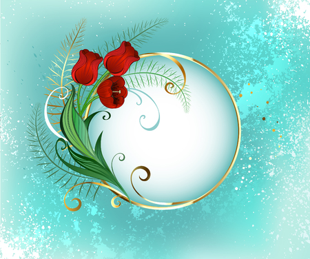 Golden round banner with the red fresh tulips on turquoise textural background. Design with red tulips.のイラスト素材