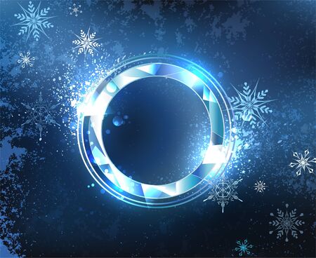 Round, faceted banner of blue sparkling ice blue cold background with snowflakes. Ice design.のイラスト素材