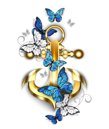 Gold, jewelry anchor with blue and white morpho butterflies on a white background design with blue butterfliesのイラスト素材