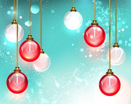 Fashion chandelier with hanging red round glass light bulb glow on the turquoise background. Design with bulbs.のイラスト素材