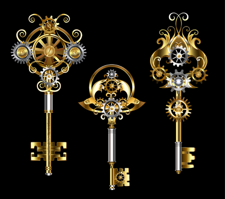Three keys with gears of gold, bronze and steel on a black background. Steampunk style. Jewelry gold keys.のイラスト素材