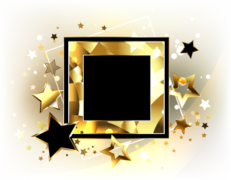 Square black banner with a gold polygonal frame, decorated with flying, gold and black stars on a light background. Design with gold stars.のイラスト素材