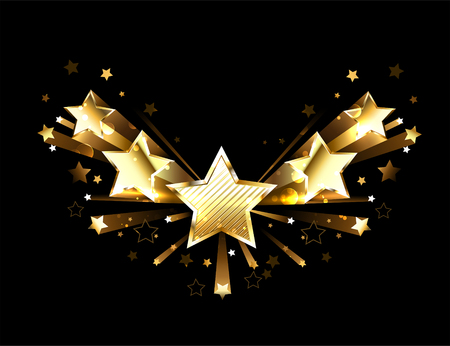 Five, golden, shiny, flying stars on a black background. Design with gold stars.のイラスト素材