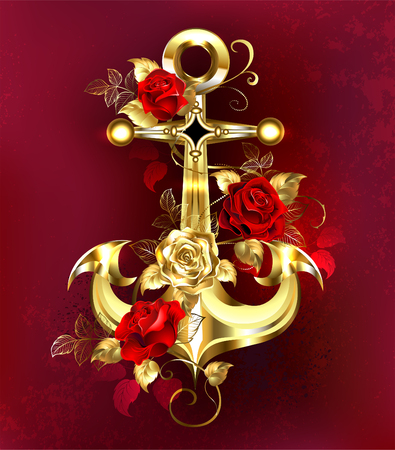 Gold, shiny jewelry anchor, wrapped in red and gold roses with golden stems and leaves. Design with roses. Gold anchor.
のイラスト素材