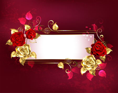 Rectangular, long banner with gold, red roses and golden leaves on a red textured background. Design with roses. Golden Rose.のイラスト素材
